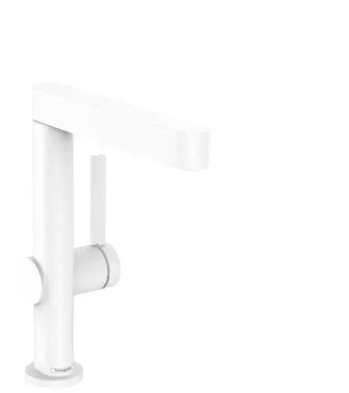 Einhebel-Waschtischmischer in Mattweiß von Hansgrohe mit schwenkbarem Auslauf und Push-Open Ablaufgarnitur, einfach und funktional gestaltet.